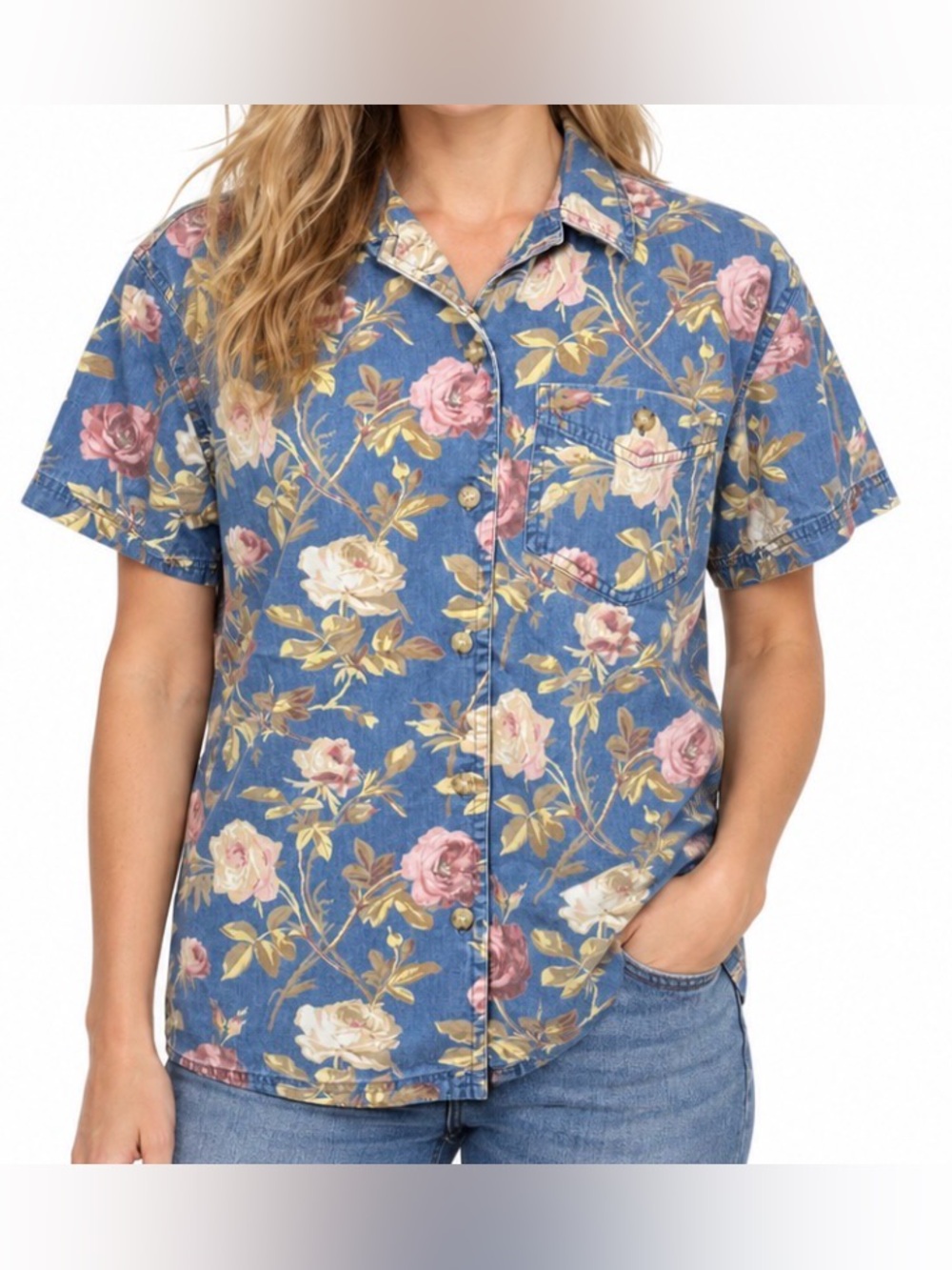 Vintage Liz Claiborne Floral Denim Button Down Shirt Blue Petite Medium